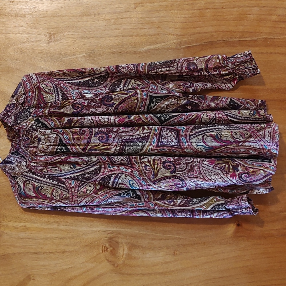 Chico's Paisley Satin Stripe Blouse Purple Burgundy Teal High-Neck Long Sleeve L